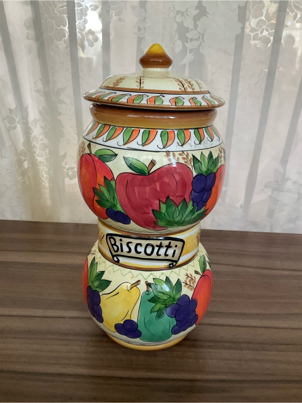 Nonni’s Biscotti 13” Ceramic Cookie Canister Hand Painted Fruit Lidded Jar